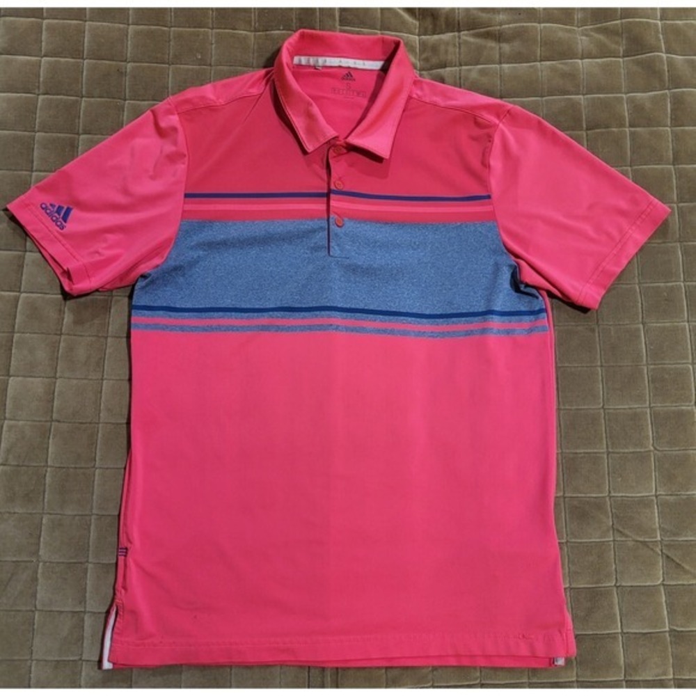 Men's Adidas Polo Shirt Red/Blue Striped Performance Stretch Golf Size Small